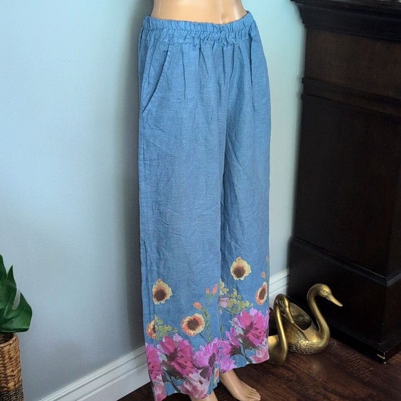 BOHO Me & Gee Linen Blue Floral Wide-Leg Pants with Pockets SZ M Made in Italy - Picture 4 of 16